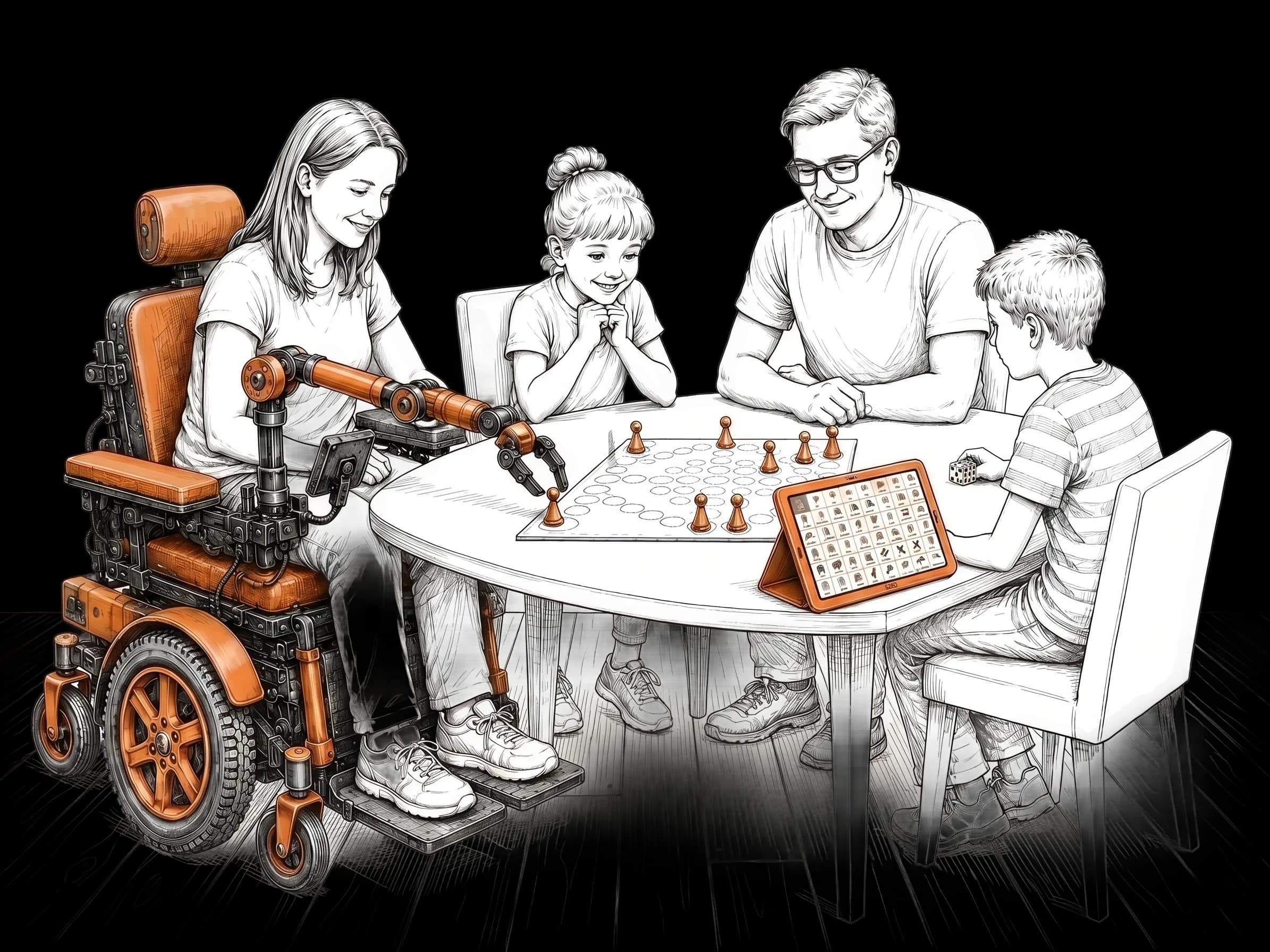 Illustration: Familie um einen Elektrorollstuhl-Nutzer mit angepasster Steuerung und Kommunikationsgerät